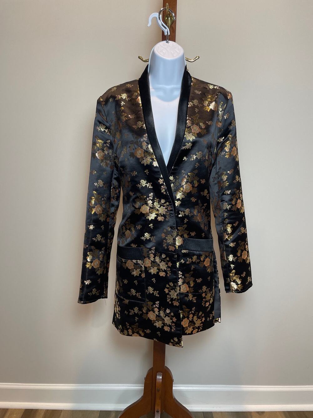 Charlotte Russe Blazer Size M Black Gold Floral Satin Longline Metallic Y2K